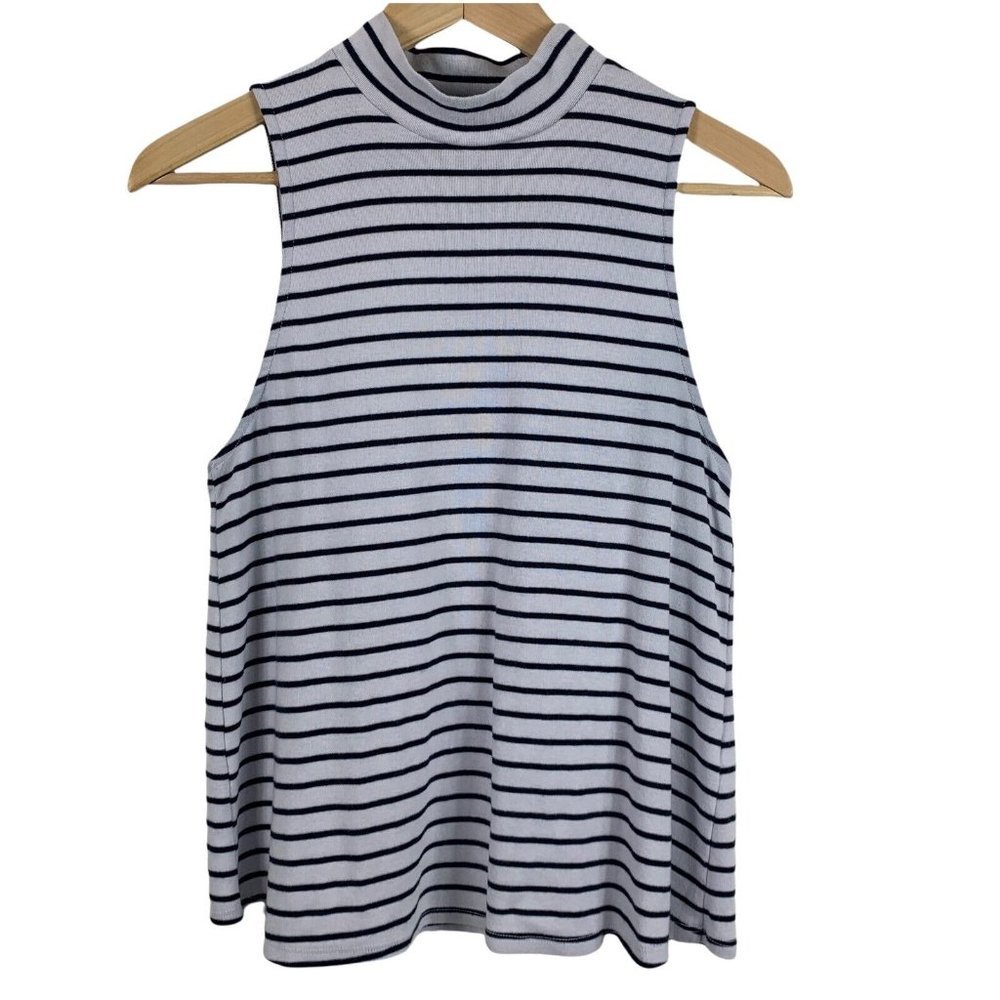 Stateside Small Mock Neck Top Striped Sleeveless Knit Shirt Navy Blue White